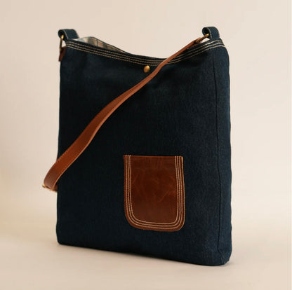 Leather Lilly Pocket Tote - Dark Blue